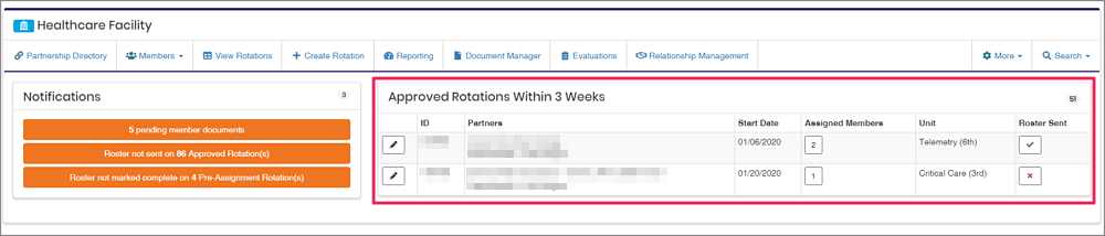 image healthcare dashboard highlighting Approved rotations within 3 weeks table
